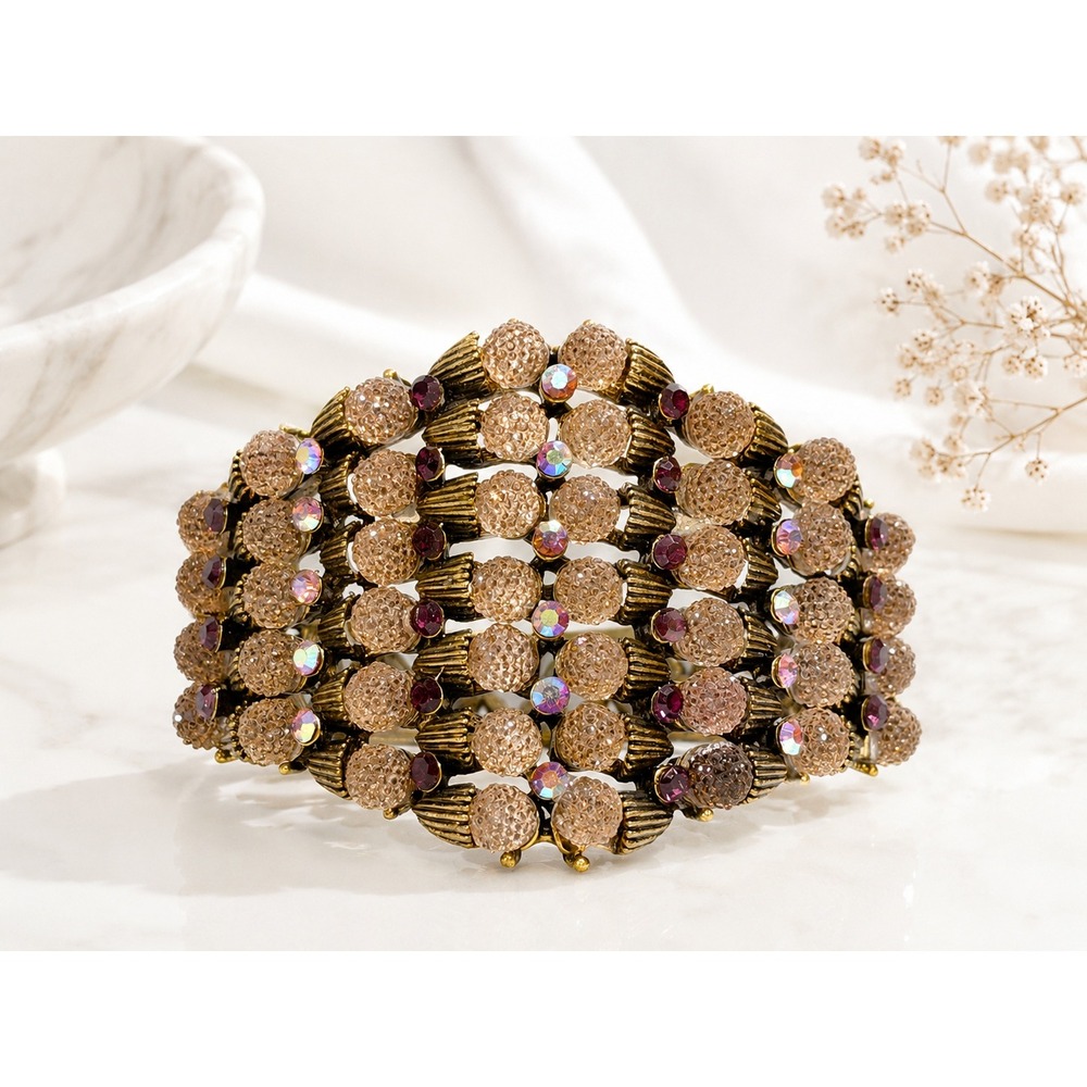 Chic Clamper Bracelet Cuff Gold Tone AB Eggplant Champagne Rhinestones Statement